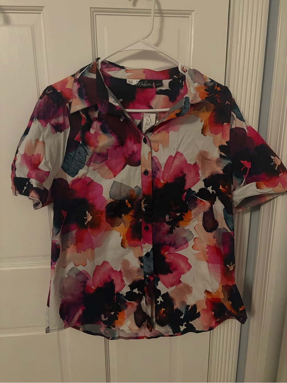 NY Collection Watercolor Floral Button-Down Blouse - Pink Multi